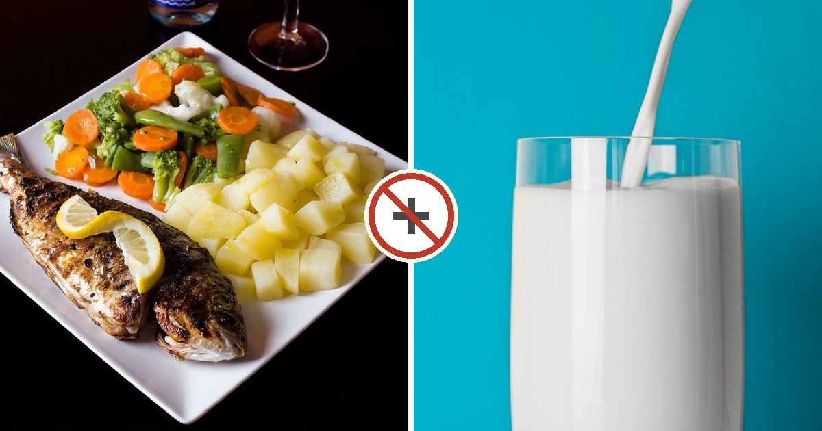 Fish and milk shown together with a do-not-combine symbol