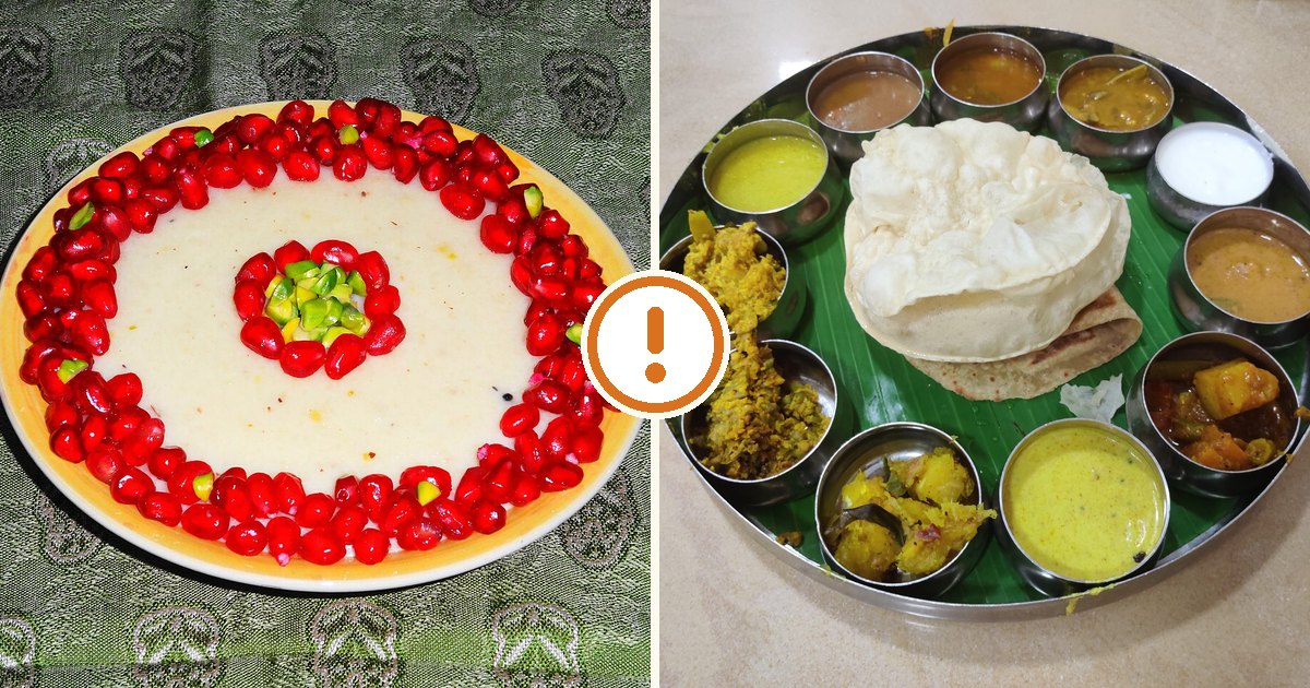Kheer and a thali shown with an amber caution symbol