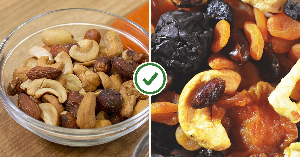 Mixed nuts and dried fruit with a green tick