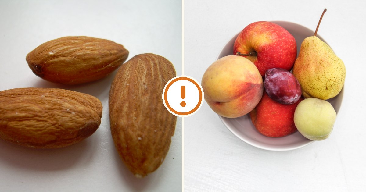 Almonds and fresh fruit shown with an amber caution symbol